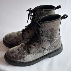 Yes We Vibe Grey Boho Mandala Tree of Life Vegan Leather Combat Boots